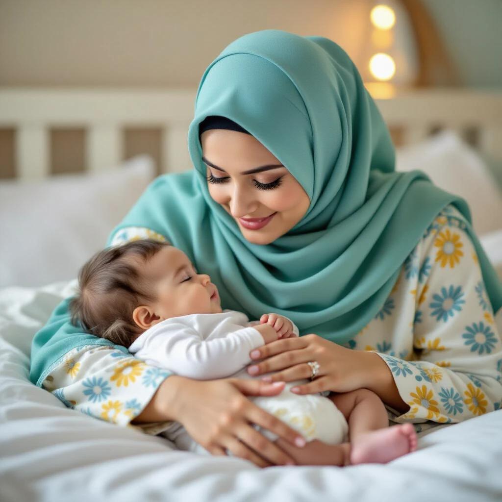 A Muslim mother in a turquoise hijab holds her baby. The baby struggles with diapering due to weight gain. The mother shows gentle care. The setting is cozy with soft lighting and pastel colors.