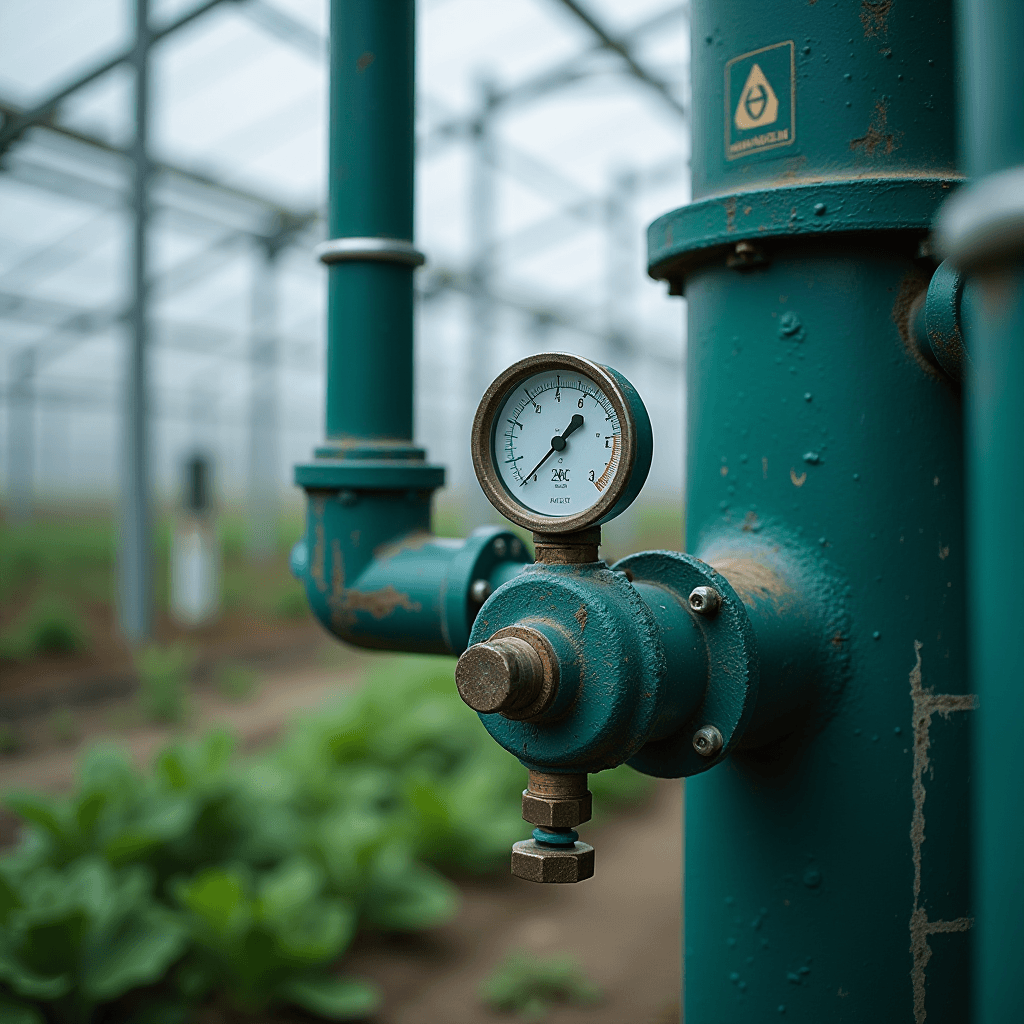 A metal gauge is attached to a green pipe inside a greenhouse, with plants growing in the background.