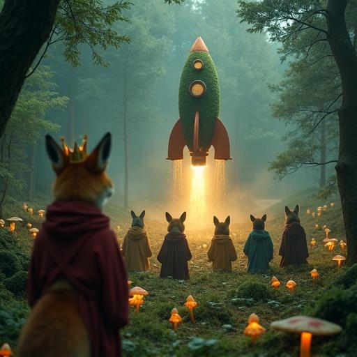 Forest animals in robes perform a ritual to launch a wooden rocket ship. Scene set in an ancient forest clearing with glowing mushrooms. View from behind a crowned fox. Soft misty lighting enhances the magical atmosphere. Textures finely detailed.