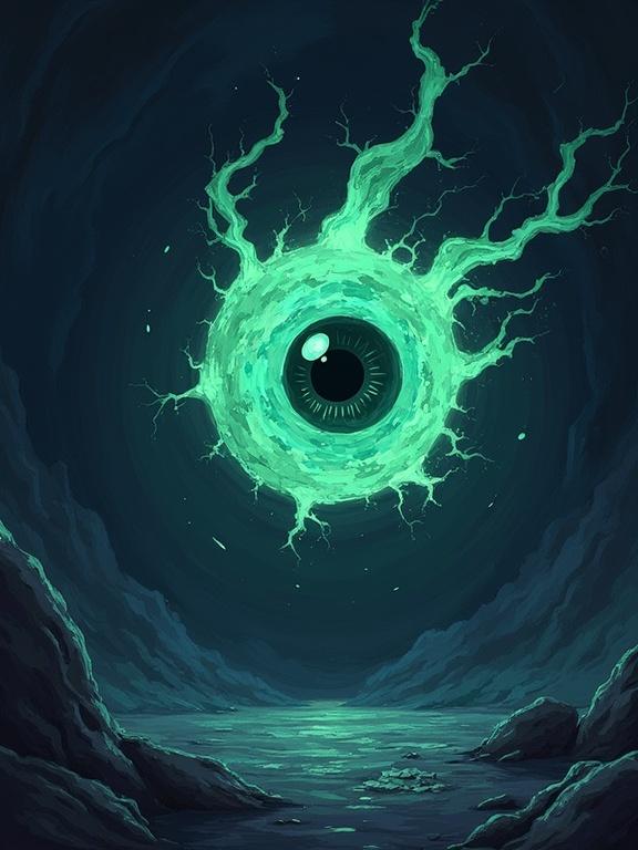 A glowing green chaos eye hovers against a dark textured backdrop. The eye has lightning-like tendrils, suggesting corruption and chaos. An eerie atmosphere surrounds a tranquil water surface in front of the eye.