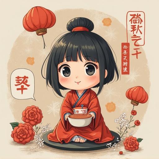 A child wearing a red kimono holds a bowl of soup. The child has a black bob hairstyle. Lanterns and roses decorate the background. The image evokes a warm and festive atmosphere.