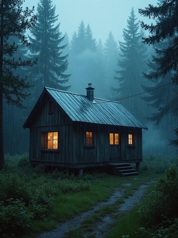 A cabin with a tin roof situated in a dense forest during a rainstorm. The scene exhibits a bluish hue. Warm light emanating from the windows contrasts the moody surroundings.