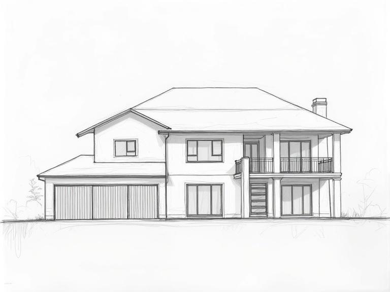 Architectural drawing showing a two-storey house. Side elevation view with front porch and garage. Clear outline and structure. Balconies visible on upper level.