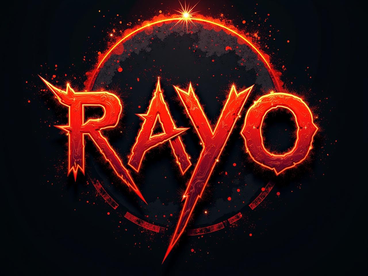 Create a logo for a rock band named 'Rayo.' The logo should convey energy and power, using colors like red and black. The letters should have sharp edges and a lightning bolt effect. There could be a fiery background to complement the bold typography. The overall design needs to appeal to rock music fans and fit well on merchandise such as T-shirts and posters.