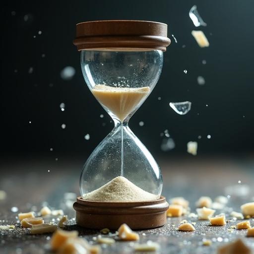 Hourglass broken with glass scattered around. Sand flows through the hourglass. Elegant design of broken glass.