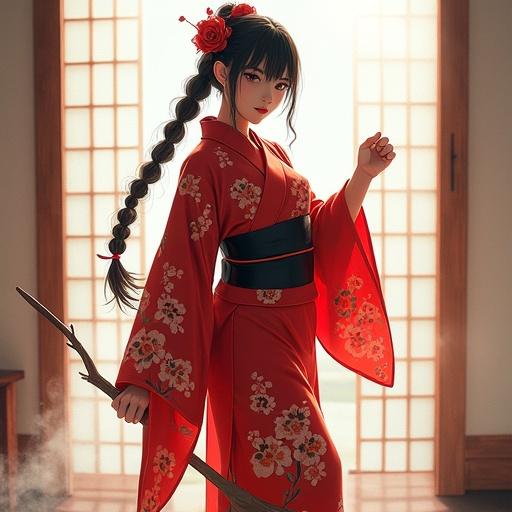 A young Japanese woman wears a red kimono with floral and tree branch patterns. The kimono is complemented with a black obi. A long braided ponytail features red flowers. She poses with her right arm bent and left hand holding a small broom. The setting includes a reflective wooden floor and a light background with hints of smoke or mist. The artwork is influenced by watercolor techniques and showcases vibrant colors and detailed textile patterns.