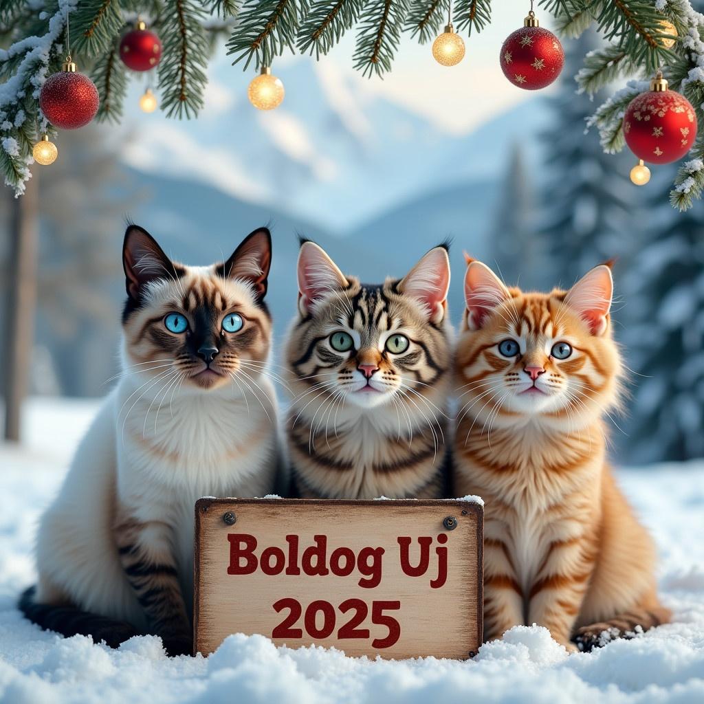 Three smiling cats sit in the snow. A sleek Siamese cat has blue eyes. A fluffy Maine Coon has a mane. A cheerful tabby shows a playful expression. Snowy pine branches decorate the frame. Ornaments and lights add sparkle. In the foreground, a wooden sign says 'Boldog Uj 2025'. The backdrop features snowy mountains and frosted pine trees. Soft lighting emphasizes the cats' happy faces.