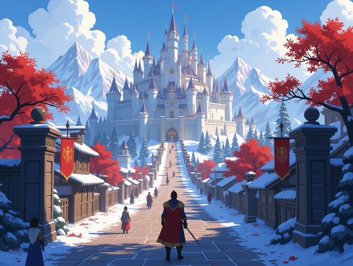 A vertical image of a medieval Western kingdom. Show a majestic castle surrounded by snow-capped mountains. Include red trees along the pathway. Display flags and dragon statues. Capture the scene with vibrant colors and rich textures. The perspective is from a high angle, creating a sense of depth.