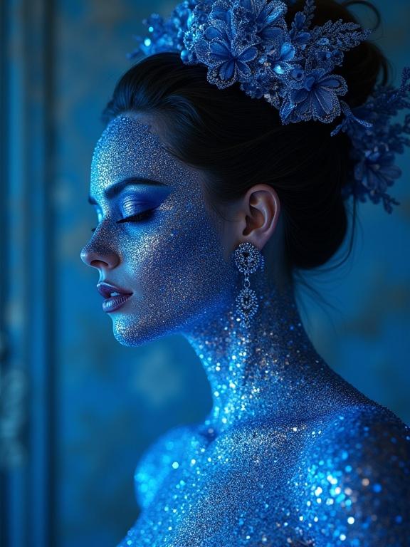 A hyper-realistic digital painting showcasing a woman with shimmering blue sequins. The woman is adorned with flowers in her hair and intricate earrings. The image exudes a magical and ethereal aura with a focus on textures and details in a fantasy setting.