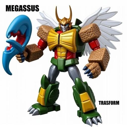 Image of a toy robot named Megassus. Features include lion-like head, one arm with a turtle shell, other arm with blue claw. Golden chest with bio-mechanical design, green legs with clawed feet, and white wings. Text labels indicate name and transformation ability.