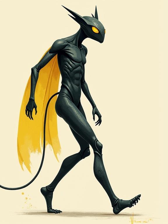 Minimalistic style with simplified design. Humanoid creature, metallic skin, yellow eyes. Represents quickling lord with swift and powerful features. Clean lines and abstract forms create a striking composition.