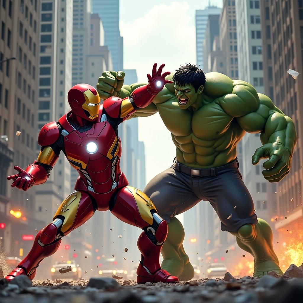 Iron Man fighting Hulk in New York City. Dynamic pose showcasing superhero action. Manhattan skyline in the background. Light reflects off Iron Man's suit. Hulk with muscular build. Energetic atmosphere.