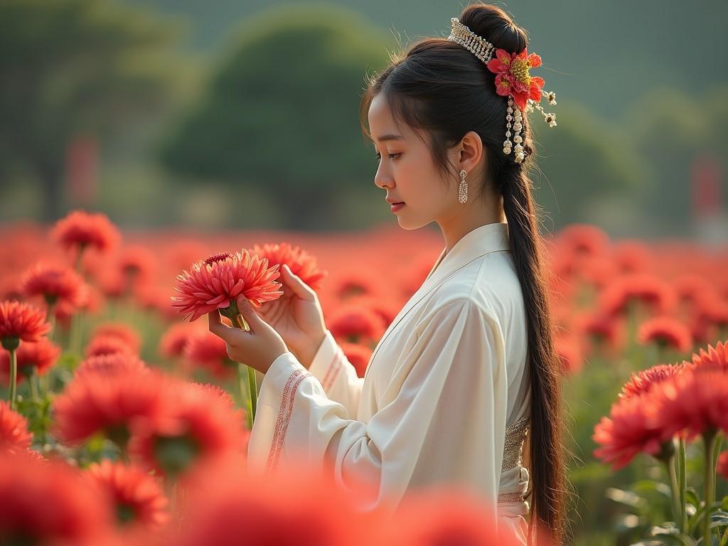 A young woman wearing traditional ancient clothing stands amidst a vibrant field of chrysanthemums. She is admiring the flowers closely, her gaze filled with awe and appreciation. The scene is captured with a realistic style, focusing on the details of her attire and the delicate petals of the flowers. The cinematic movie lens adds depth, enhancing the vivid colors with expert movie color correction. The atmosphere is serene and timeless, reminiscent of classic historical films, evoking a sense of peaceful beauty.