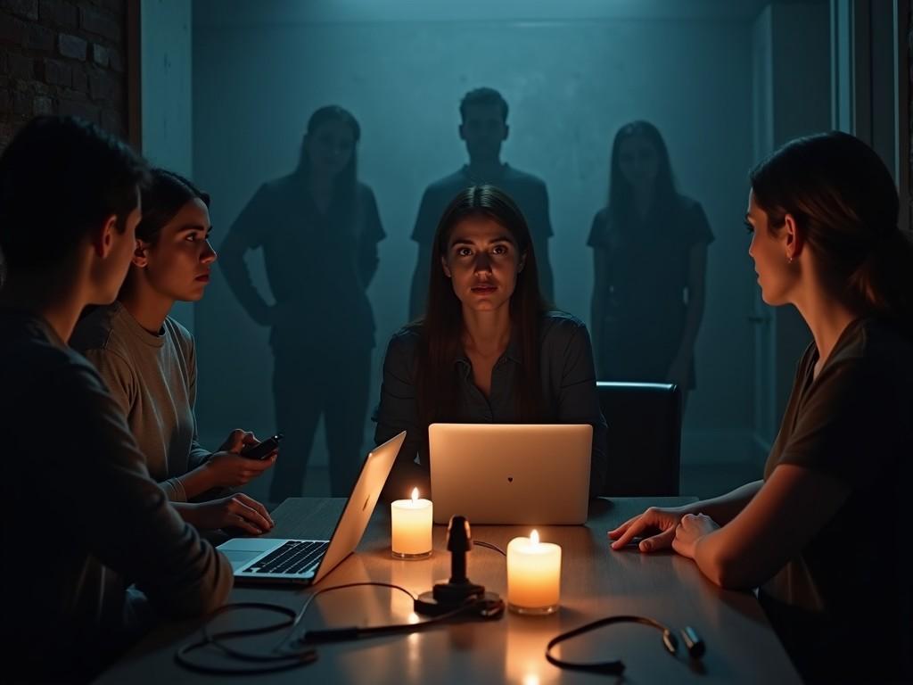 A group of five people gathered around a table, illuminated by soft candlelight. The central figure is a woman with an intense gaze, working on her laptop. Surrounding her are three individuals, each with a serious expression, looking at her. The atmosphere is dark and moody, filled with shadows of figures in the background, enhancing the dramatic tension. They are engaged in a serious discussion, likely about a psychological or mysterious topic. The scene conveys a sense of urgency and suspense.