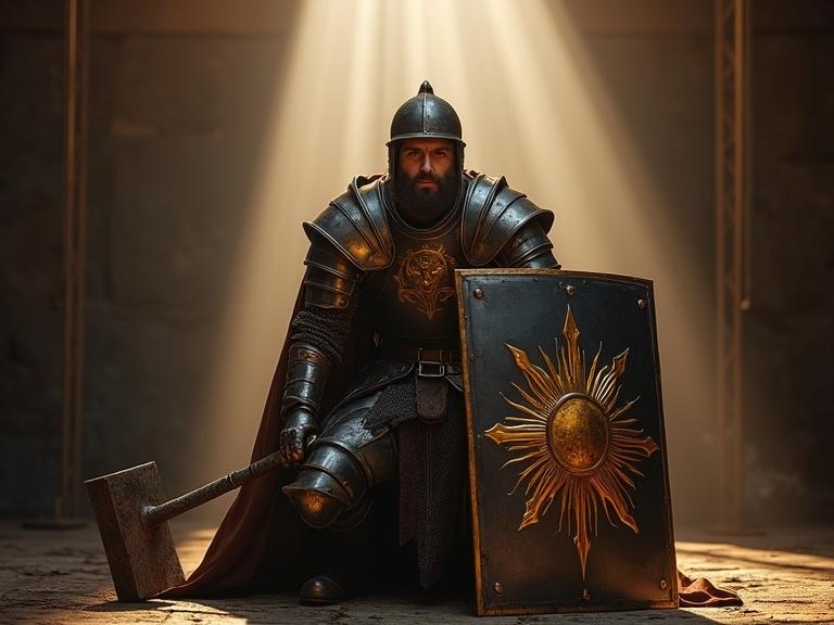 A medieval cleric dressed in full steel plate armor. The armor features a helm with an ornate sun emblem and no faceguard. The cleric has a bearded face and is crouching in a defensive posture. He holds a large rectangular steel shield with an ornate golden sun design and a large-headed long-handled war hammer. Brilliant sun rays illuminate the scene from above, enhancing the dramatic effect.