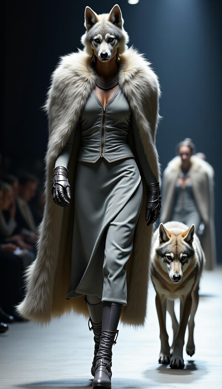 A tall wolf-human with silver fur-lined clothing strides powerfully down the runway. Her tailored cloak mimics the texture and sheen of a wolf's pelt, with claw-like accents on her gloves. By her side is a direwolf, its sharp eyes and massive build reflecting her commanding presence. The atmosphere captures a blend of fashion and fantasy, showcasing the powerful synergy between the model and her companion. The dramatic lighting accentuates the textures of their attire, making a bold statement in the world of haute couture.