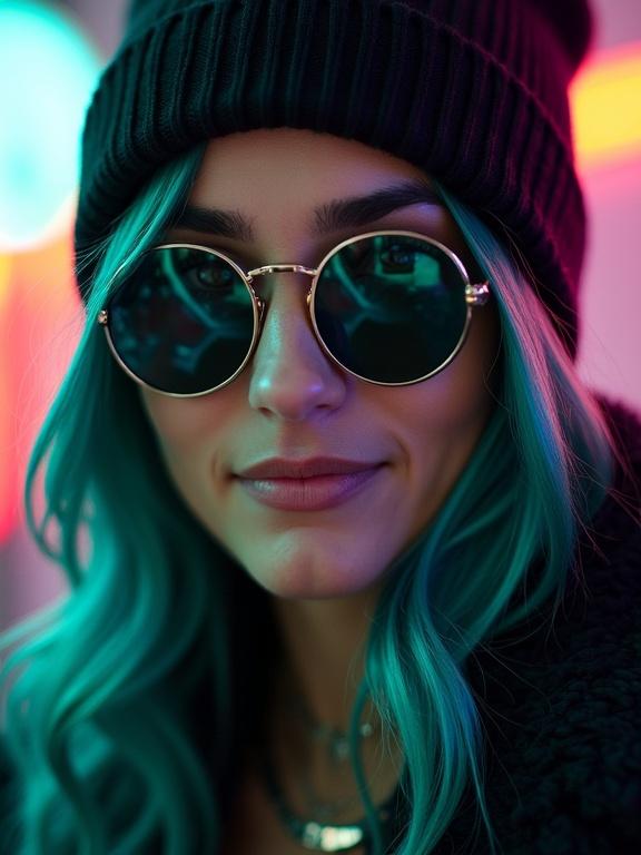 Extreme close up photo of a woman in a black beanie. She has beautiful turquoise hair draped over one eye. She wears small sunglasses with turquoise lenses. The background features bright fluorescent neon lighting. The lighting creates a dramatic look with high contrast. The woman wears a comfortable black jacket and a small elegant leather necklace. This is a stylized portrait capturing her grinning slightly.