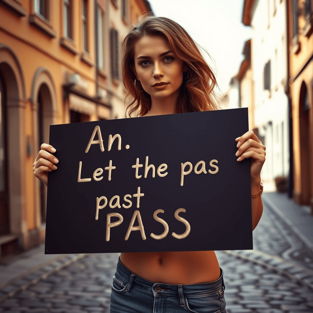 A person holding a sign with a motivational message about moving forward, standing on a cobblestone street.