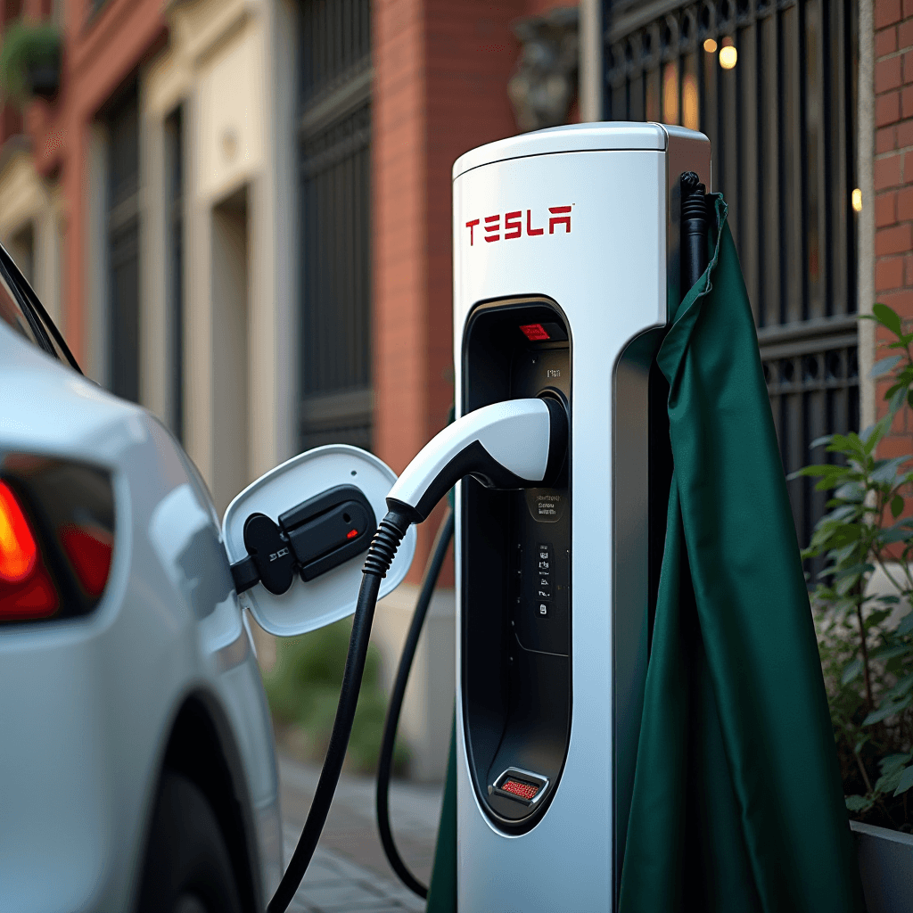 A Tesla vehicle charging at a modern station on a city street.