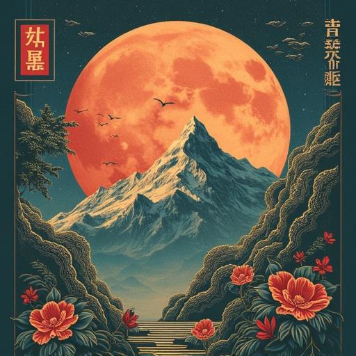Digital artwork depicting stylized mountains under an oversized orange moon. Surrounded by lush greenery and vibrant flowers. Scene conveys a mix of tranquility and majestic beauty.