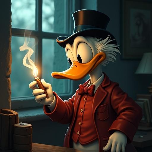 Scrooge McDuck character holding a lit cigar in a shaded lighting setting. Detailed expression and outfit. Cozy interior background.