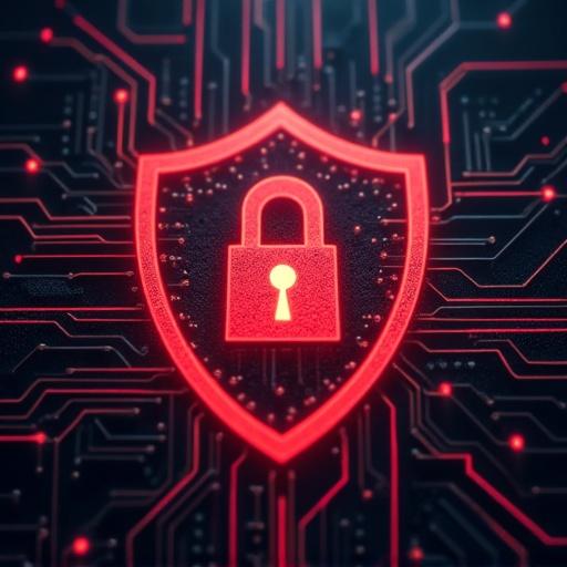 A digital representation of hardware trojan detection. Display a shield with a glowing padlock. Circuit patterns surround the shield. The image represents security and protection in technology.