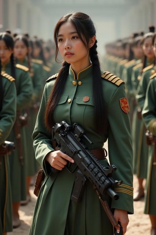 Attractive woman inspired by Mulan with long hair in pigtails. Dressed in green military uniform. Holding an assault rifle. Standing in formation with other women in a castle.