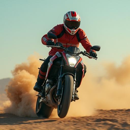 A rider in a red outfit races a motorcycle on sand. Dust clouds rise behind the bike. The rider seems focused and in motion. Bright sunlight illuminates the scene.