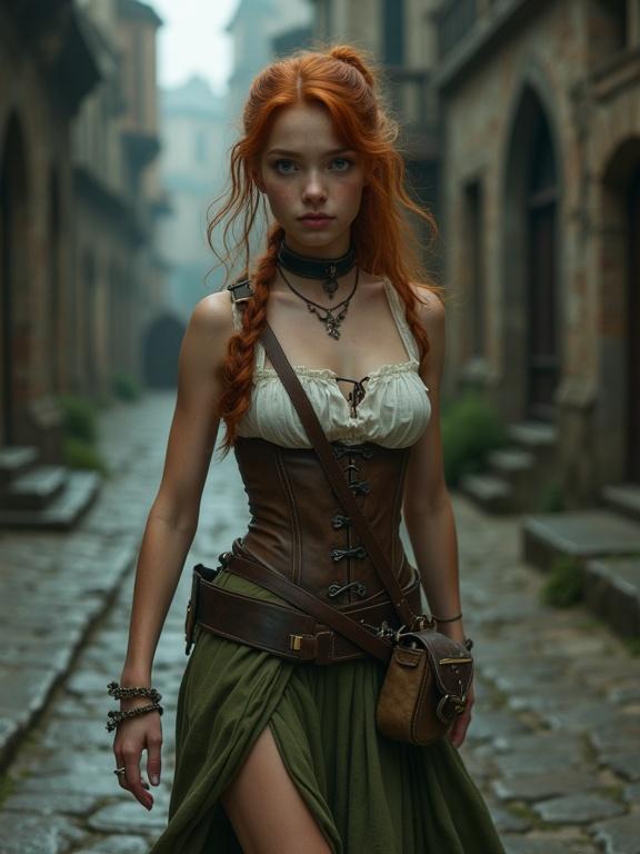 Photorealistic image of a pretty teenage girl walking alone in a deserted medieval city street. She has long auburn hair in a ponytail and vibrant green eyes. The girl wears a sleeveless white top with a brown corset, a split green skirt, and traveling boots. Her expression is sad, and her pale skin has freckles. She carries a small pouch at her waist and the scene is set during a dark night with atmospheric lighting.