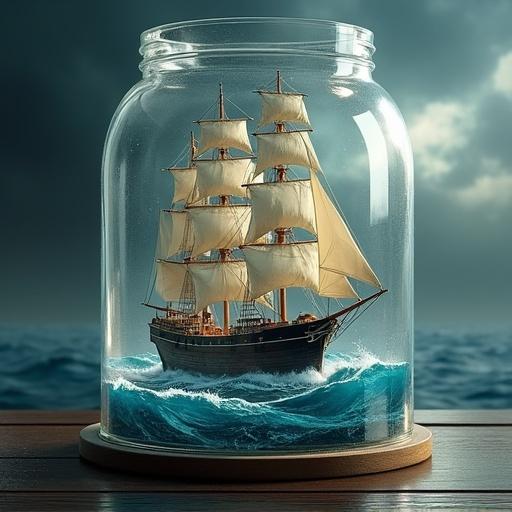 A realistic ship sailing on the sea displayed inside a glass jar. The scene captures detailed waves and the ship's sails.