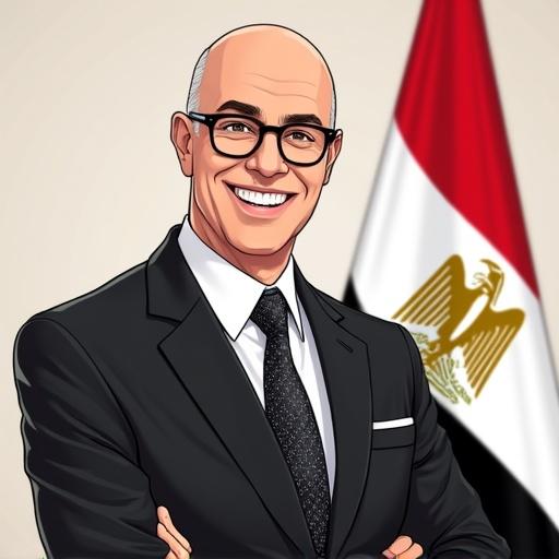Anime style portrait of a confident middle-aged man in a black suit. He wears a white shirt and patterned tie. He stands next to the Egyptian flag. The background is neutral to emphasize formality.