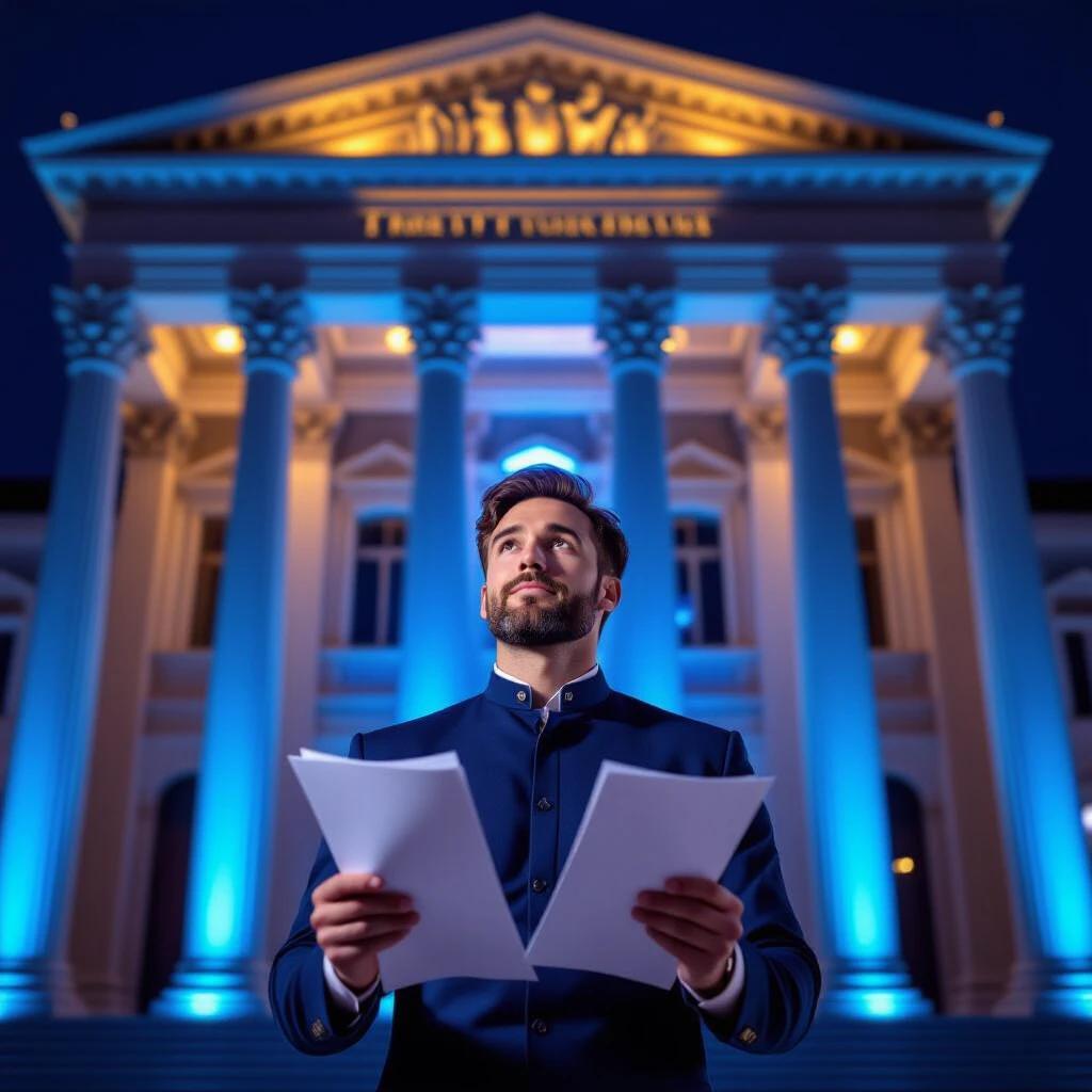 A man wearing a navy blue outfit looks up holding papers. An epic building with ancient Roman columns stands behind. The building is illuminated in blue. The scene is viewed from a low angle with a dramatic effect. Neon lines decorate some edges of the building.