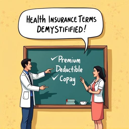 Educational comic design depicting health insurance terms. Features a doctor and a patient beside a chalkboard. Words Premium, Deductible, Copay are written on the board with icons. Bright and warm color palette used. Title is in a comic speech bubble at the top.