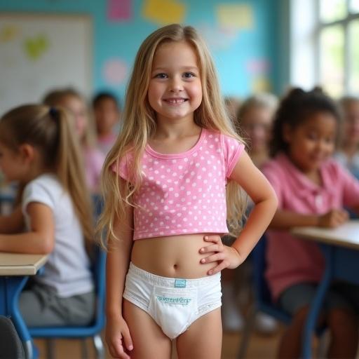 A young girl poses playfully in a pink polka dot crop top and white Pampers Pullups standing confidently with one hand on her hip in a classroom filled with other girls. Soft lighting enhances the inviting atmosphere.