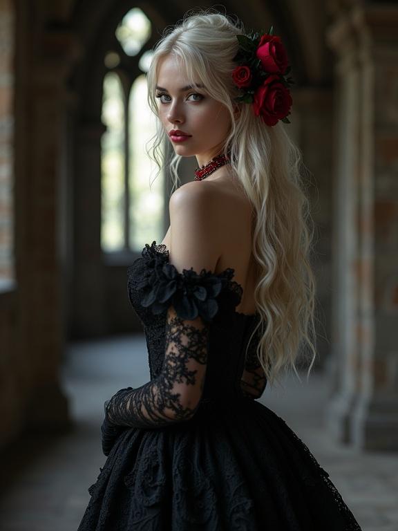 Young woman with platinum blonde hair adorned with red roses in hair. Wearing intricate Gothic black dress with lace. Deep red ruby necklace. Standing in medieval room with arched windows. Cinematic lighting with soft shadows. Hyper-realistic texture. 4K resolution.