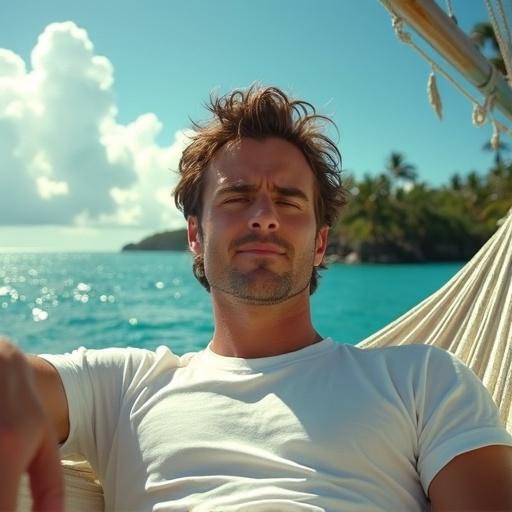 Wide angle photorealistic image showing a young man wearing a white t-shirt resting in a hammock on a sailboat. Scene set off the coast of Jamaica. It is a bright sunny day with huge white clouds and palm trees in the background.