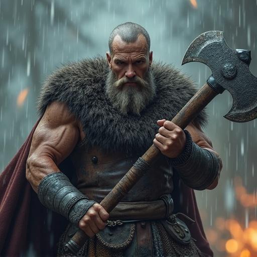 Viking warrior with dual battleaxes ready to attack. Hyper-realistic depiction with intricate details. Rain falling in a dramatic scene.