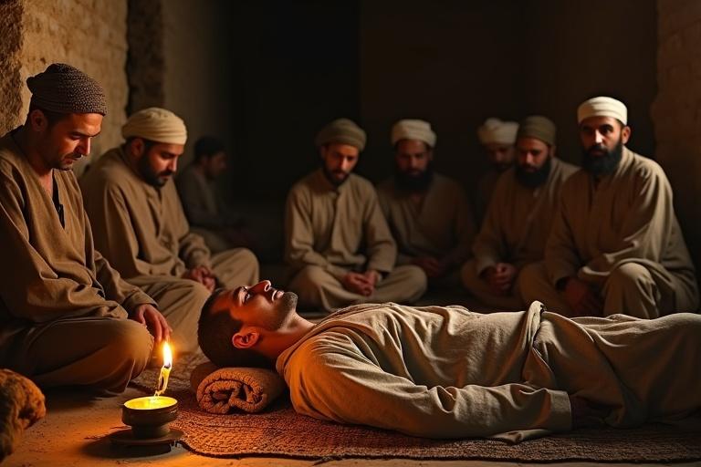 An emotional scene from ancient times. A dying man lies on a woven mat inside a mud house. The oil lamp flickers warmly providing light. The man appears pale, eyes half-open, breathing slowly. Several Muslim men in Arabic robes and turbans sit silently around him. Some are praying while others recite verses. The walls made of sun-dried clay bricks set a heavy atmosphere of silence and reverence. The night outside is still and starry, creating a profound moment of reflection on death and faith.