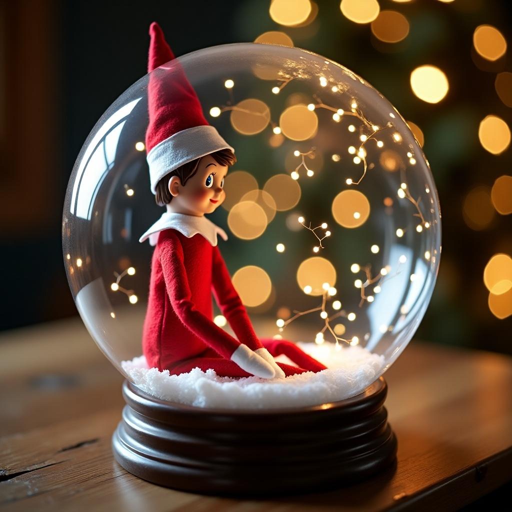 Scene depicting an Elf on the Shelf inside a transparent snow globe with lights and fake snow.