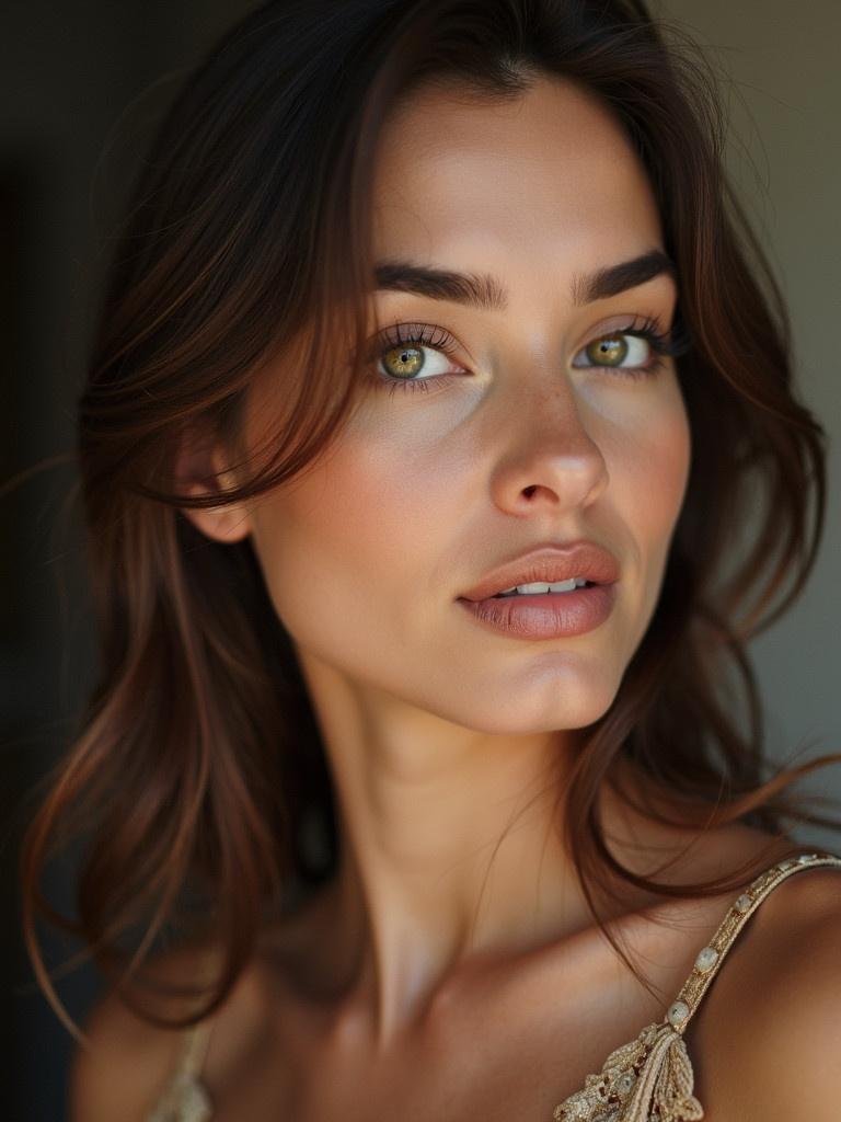 Closeup portrait of a beautiful woman with soft features. Natural light enhances warm skin tones. Elegant hairstyle frames the shoulders. The image captures a serene atmosphere.