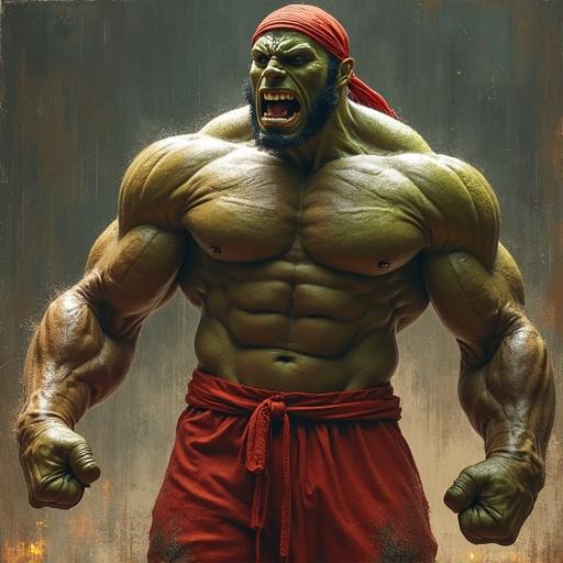 Militarized strong character with green skin and massive muscles posing aggressively. The figure wears red shorts and has a red bandana. Bright lighting accentuates physique and intensity. Low angle perspective enhances the heroic stance.