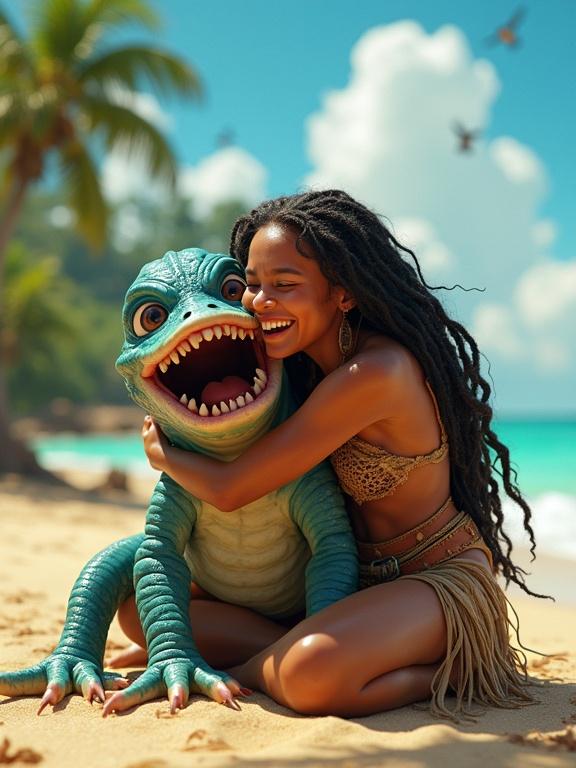 Close up shot of a tribal princess hugging a friendly sea monster at the beach. The princess has long braided hair and is smiling with her teeth showing. The monster has an open mouth, green skin and looks cheerful. Background features golden sand, turquoise ocean, and flying birds. Bright and vivid colors create a magical atmosphere.