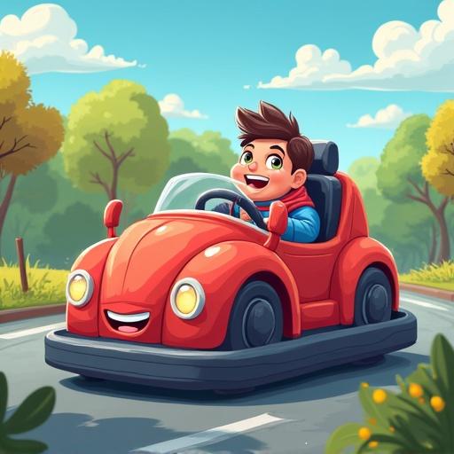 Cartoon-style illustration of a bumper car. A smiling child drives a bright red bumper car down a winding road. The background features trees and a clear blue sky. A joyful and playful scene.