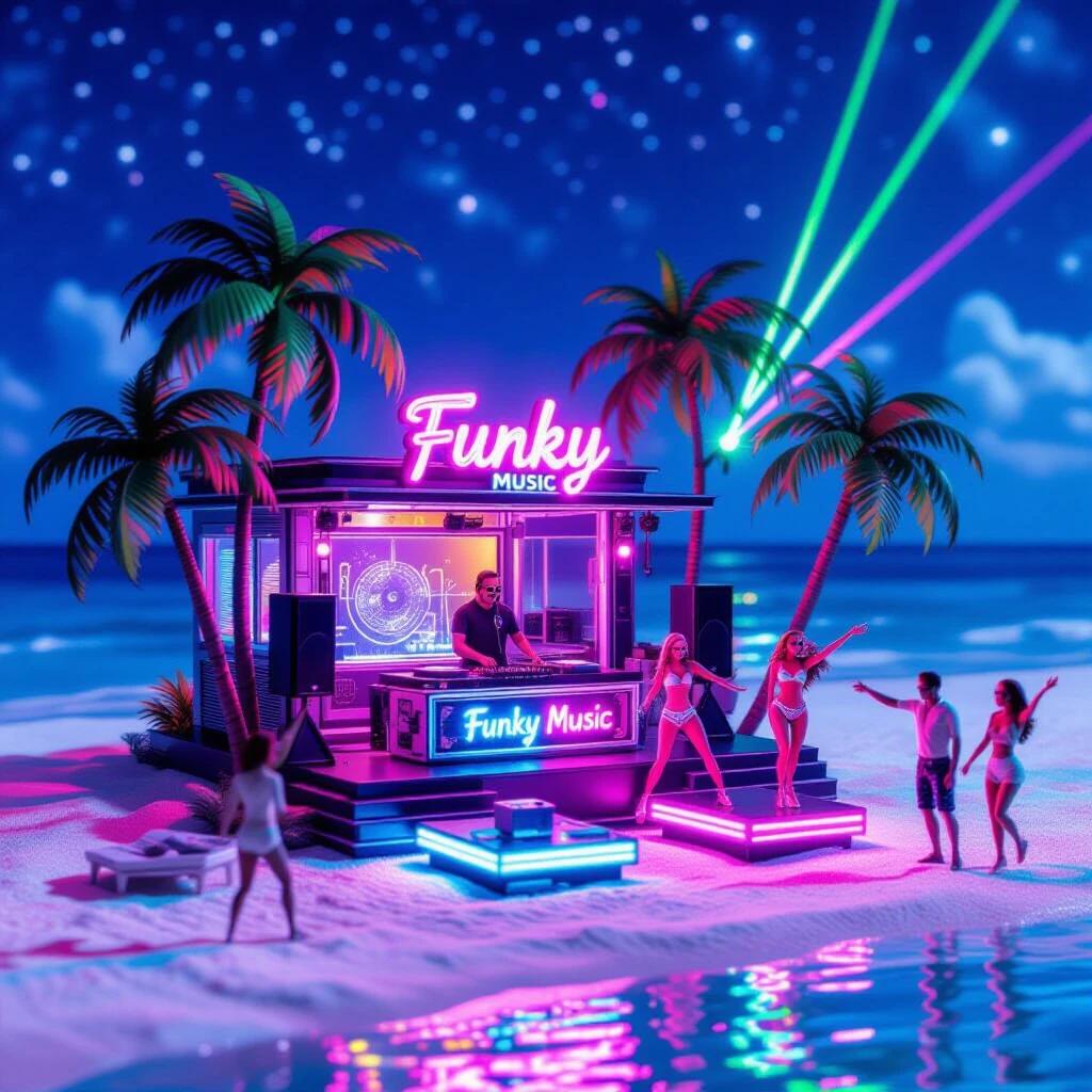 A realistic miniature diorama depicts a beach nightclub. The club features white sand and palm trees. A glowing retro neon sign says 'Funky Music'. Tiny DJ spins music at a booth. Go-go dancers perform on illuminated platforms. Miniature figures dance joyfully. Colorful neon lights and laser beams create a vibrant scene. Soft reflections on sand and water are visible. Stars are in the sky over the ocean.