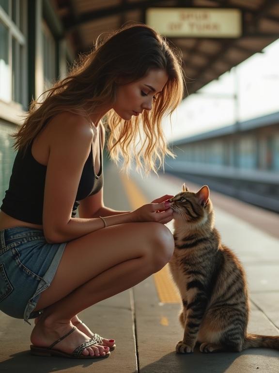 A woman kneeling down petting a cat at a train station. The woman wears a black tank top and short denim shorts. The atmosphere is warm with golden sunlight.