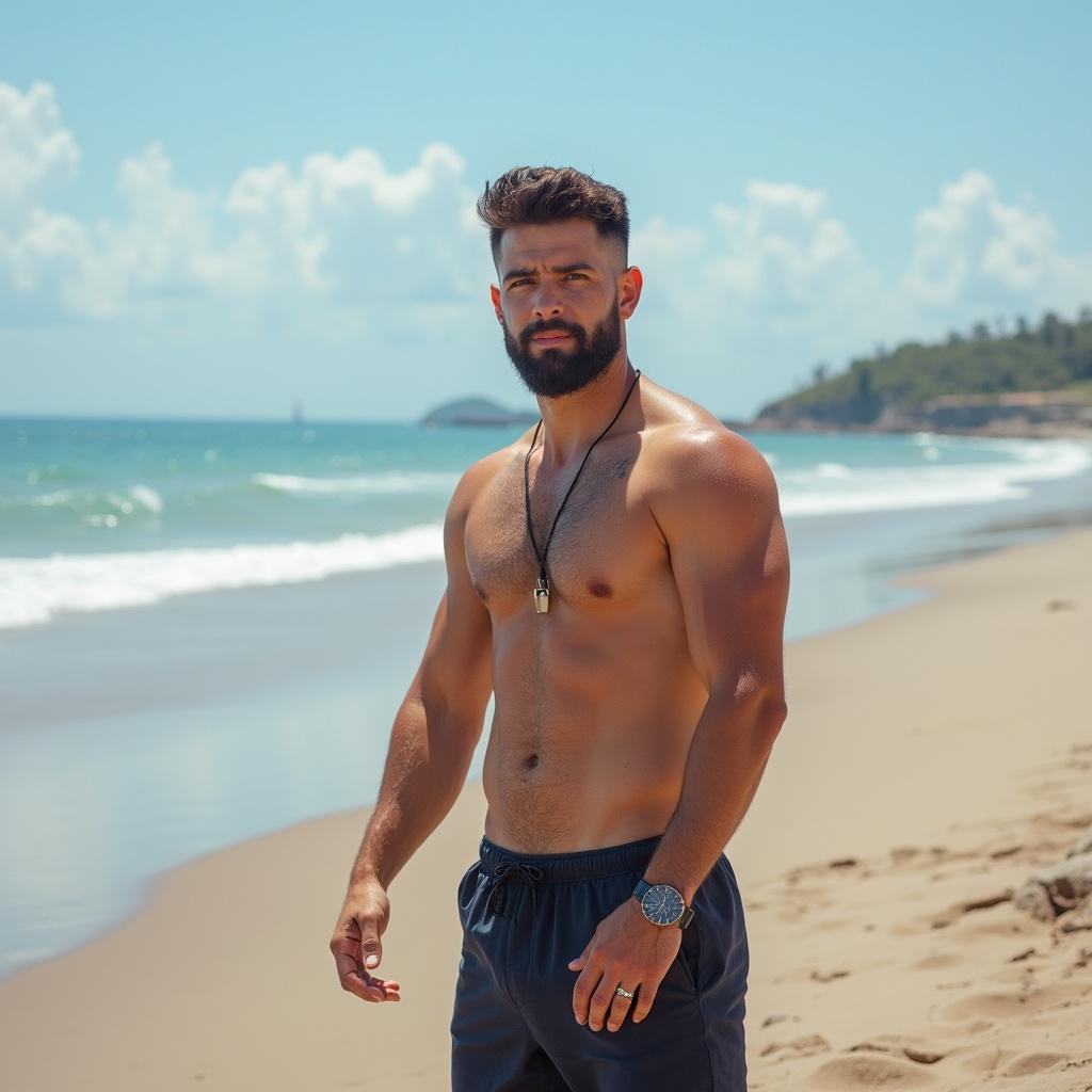 Man enjoys time at the beach during a sunny day. He displays confidence and fitness. Calm ocean and sandy beach in the background.