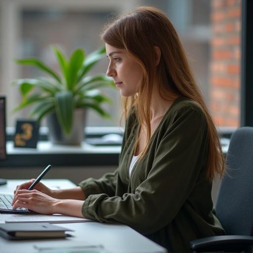 Woman sitting at a desk writing on a notebook. Browni hair and wearing olive cardigan. Plant and computer on the table. You can see the office with natural light and modern decor.