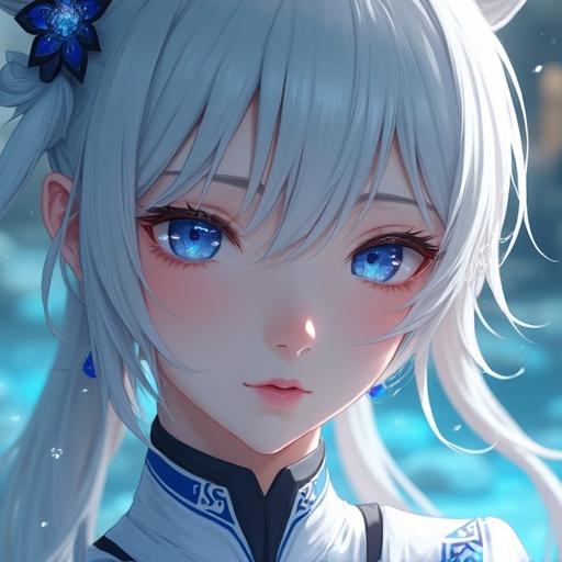 Hyper-detailed portrait of an 18-year-old girl with pale skin and sharp features. Deep blue eyes glowing with Hydro energy. Wearing blue and white attire. Gentle lighting enhances makeup and hair. Background with blurred water and palace elements.