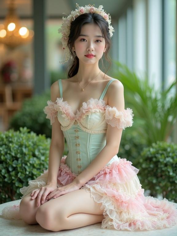 Full body shot of a lady in a pastel-colored frilly outfit kneeling on a table side facing camera in a well-lit space. The outfit features a corset top with lace and frills in pink, cream, and mint green showcasing a sweetheart neckline. The lady has her hair tied with a serene expression. She wears pale pink stockings and rose embroidery garter belts. Soft light enhances the details of the outfit while greenery surrounds her.
