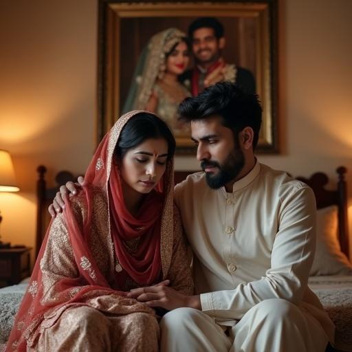 A wealthy Pakistani couple sits in a traditional decorated bedroom. The wife looks sad in a traditional shalwar kameez with a dupatta. The husband sits close, comforting her. A framed wedding photo behind shows them smiling in festive attire. The emotional atmosphere conveys sorrow and support.